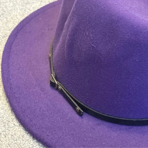 Purple Classic Fedora Hat Felt Panama Classic Jazz Cap, Wide Yellow Brim Unisex - Picture 6 of 12